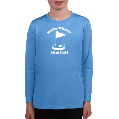 Light blue youth long sleeve t-shirt with custom logo.