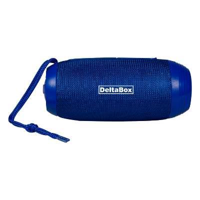 Blue plastic speaker with a personalized imprint.