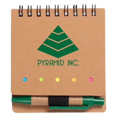 Branded recycled craft paper mini note pad with pen and sticky flags.
