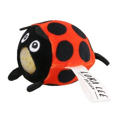 Black with red plush stress buster with a custom imprint.