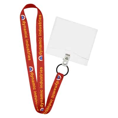 3/4 inch satin polyester custom full-color imprinted lanyard with black key ring and horizontal ID holder.