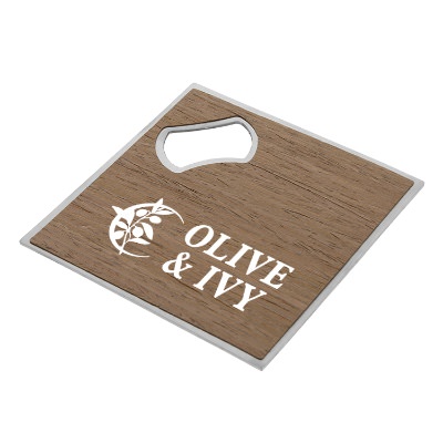 Wooden brown coaster and bottle opener with custom imprint.