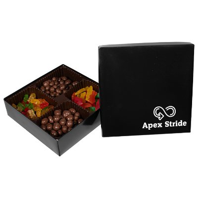 Personalized black gourmet confections 4 delights gift box.