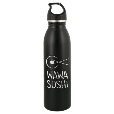 Black stainless steel bottle with engraved imprint.
