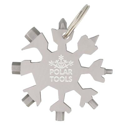 Silver aluminum tool with a personalized logo.