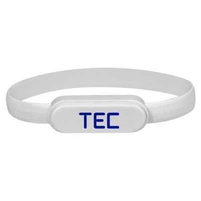 White plastic charging bracelet with a one-color imprint.