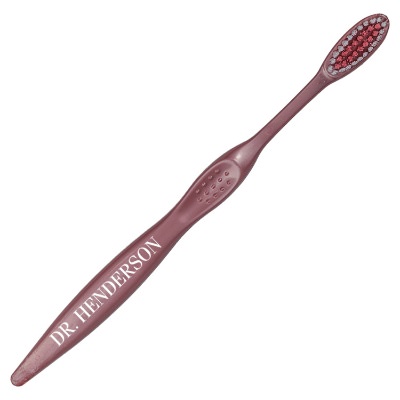 Red plastic toothbrush with a custom logo.