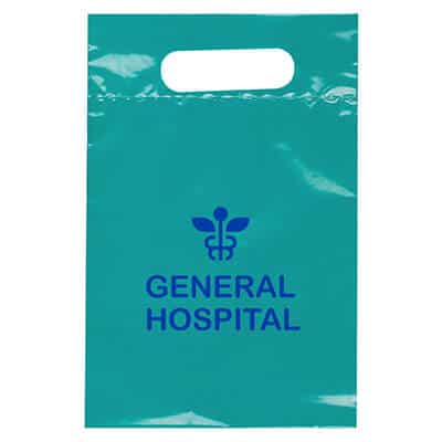 Plastic teal die cut bag with customized logo.