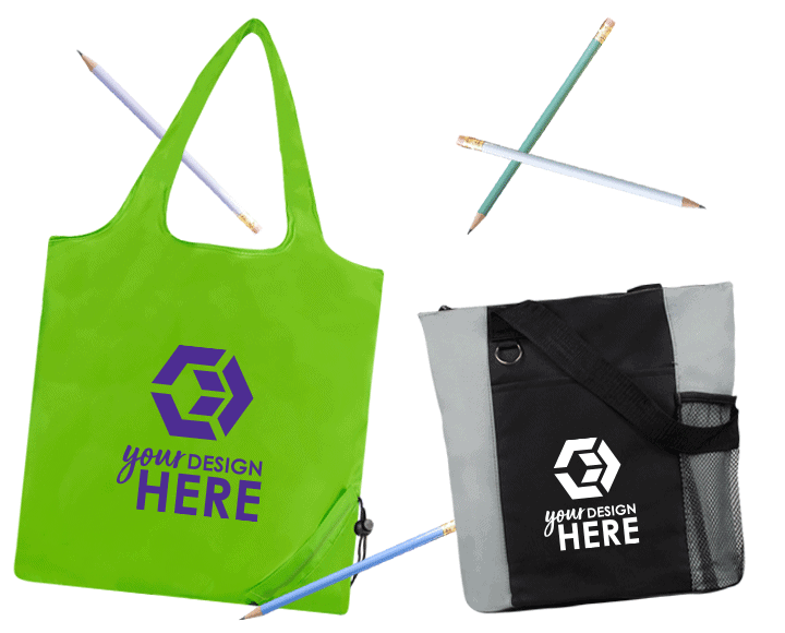 Lime green polyester tote bag with purple imprint and black custom polyester tote bags with white imprint