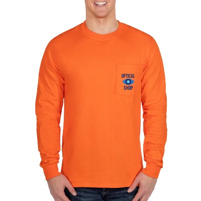 Full color logo on orange long sleeve t-shirt.
