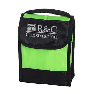 Polyester lime green folding ID lunch bag with branded logo.