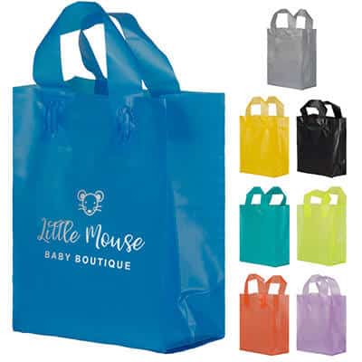 Plastic blue color foil stamped frosted shopper bag with branding.