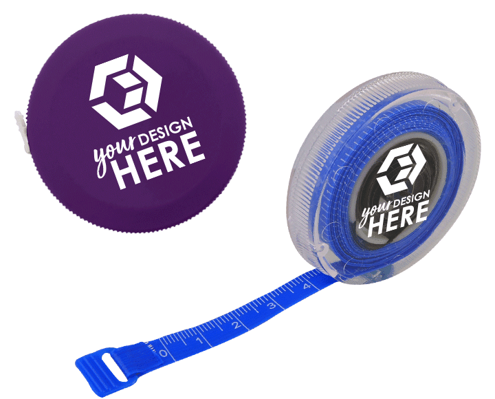 Purple custom tape measure with white imprint and clear tape measure with white imprint