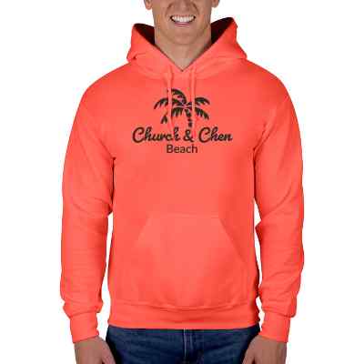 Custom sunset orange college hooded sweatshirt with logo.