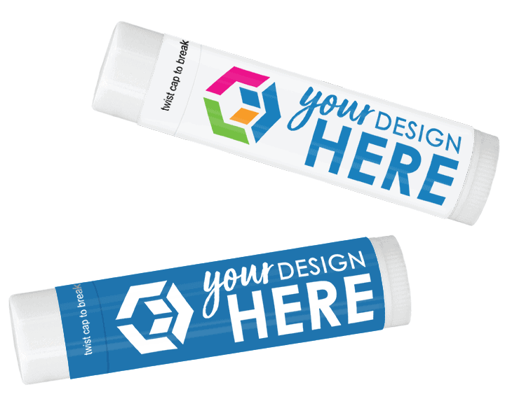 Custom lip balm with full-color decal and custom lip balm with blue and white one-color decal