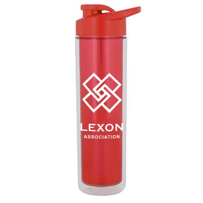 Plastic orange water bottle with drink thru lid and custom logo in 16 ounces.