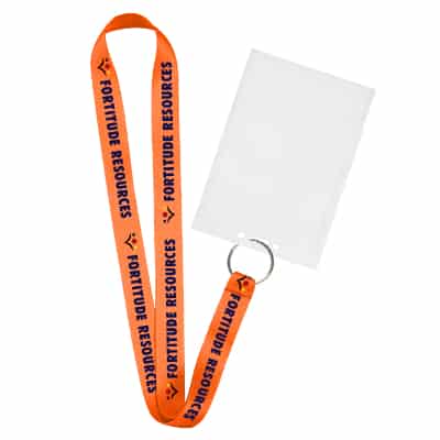 3/4 inch satin polyester full-color custom design lanyard with silver key ring and vertical ID holder.