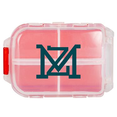 Plastic red pill box with a custom one-color imprint.