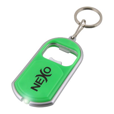 Plastic lime green keychain light with metal bottle opener customized.