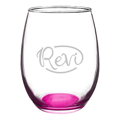 Pink wine glass with engraved logo.