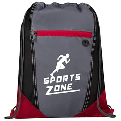 Polyester red two tone frame drawstring with branded logo.