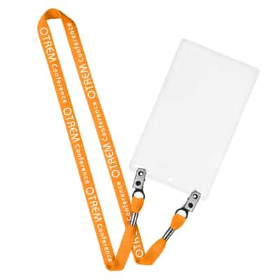 5/8 inch orange tubular polyester custom lanyard with double bulldog clips and event holder.