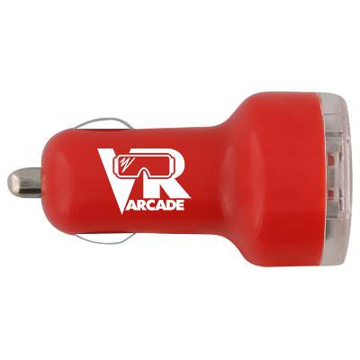 Plastic red car adapter with a printed logo.