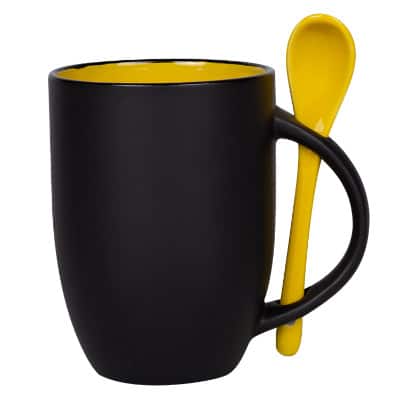 Ceramic black with yellow coffee mug with c-handle blank in 12 ounces.