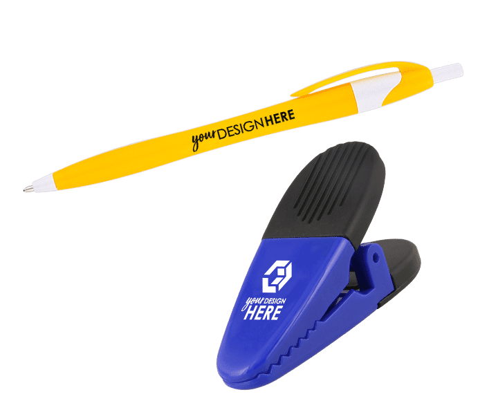 Yellow pen with black imprint and blue chip clip with white imprint