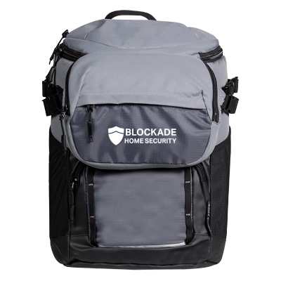 Gray backpack cooler and sling with custom logo.