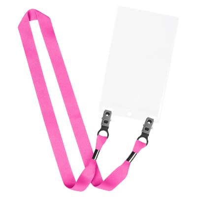 3/4 inch pink grosgrain polyester blank lanyard with double bulldog and event holder.