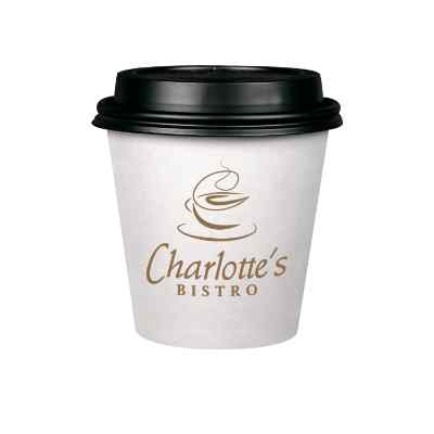 White paper cup with custom branding and black lid in 10 ounces.