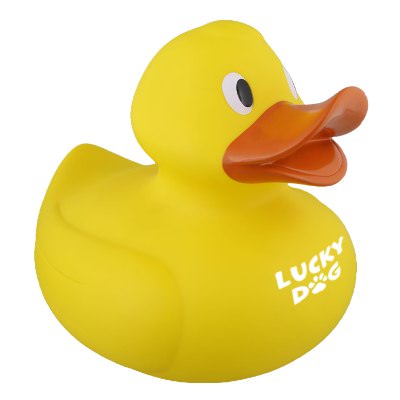 Plastic yellow branded rubber duck.