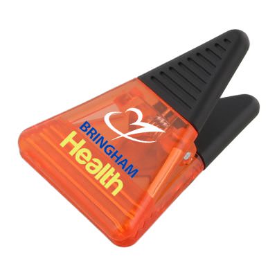 Plastic translucent orange triangle magnet clip with full color branding.