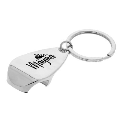 Metal silver bottle opener keychain with custom promotional imprint.