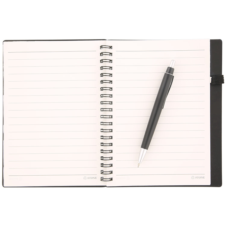Blank notebook with window and pen.