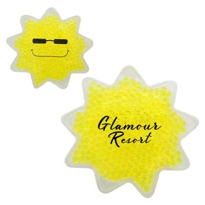 Plastic yellow hot and cold pack with a custom imprint.