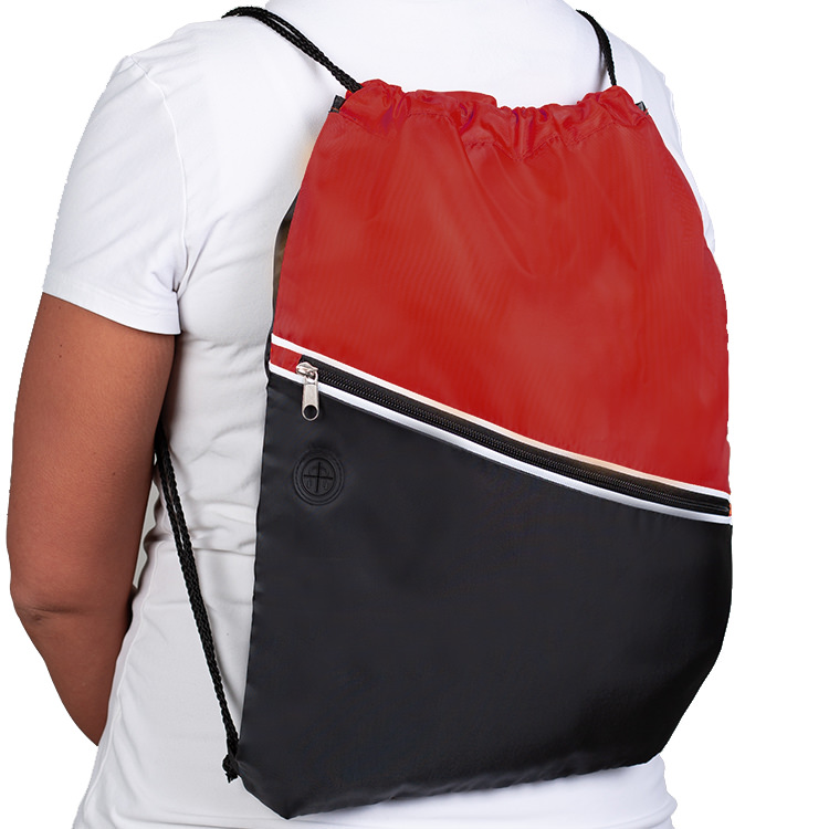 Polyester drawstring bag with custom logo and front zippered pockets.