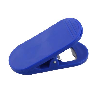 Plastic blue bottle opener magnet chip clip with custom imprint.