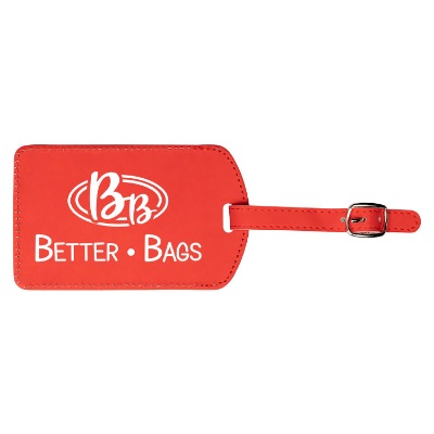 Red luggage tag with personalized imprint.