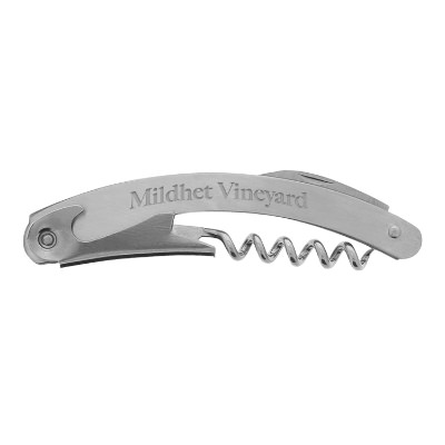 Silver stainless steel corkscrew wine bottle opener with custom promotional imprint.