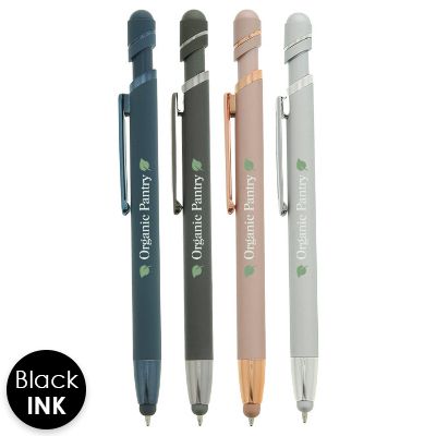 Soft touch monochromatic pen with custom logo.