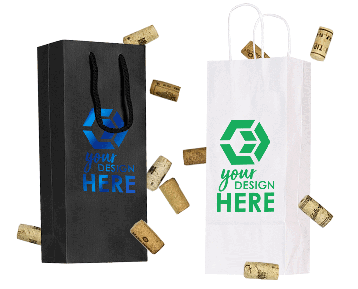 Black custom paper wine bags with blue foil stamp imprint and white personalized paper wine bags with green imprint