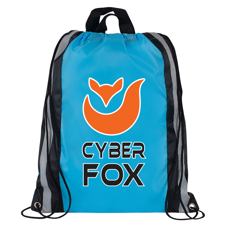 Polyester drawstring with full-color logo, reflective straps, top handle, and reinforced corners.