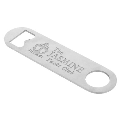 Mini stainless steel paddle style bottle opener with promotional laser engraved logo.