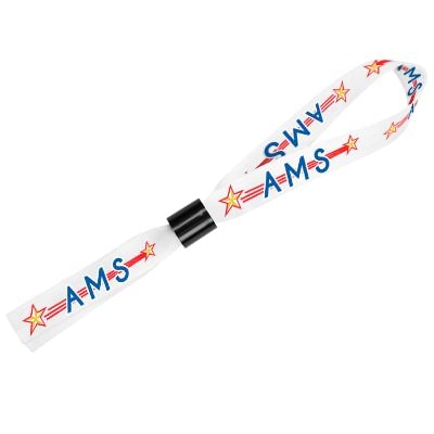 White elastic wristband with locking bead branded with your logo.