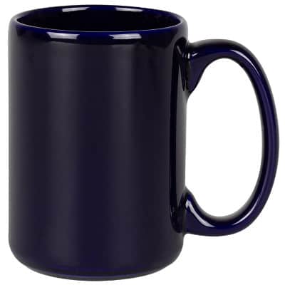 Ceramic cobalt blue coffee mug with c-handle blank in 14 ounces.