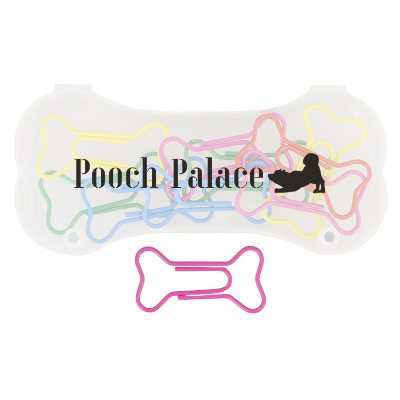 Frosted plastic dog bone shaped paperclip holder with dog shaped paperclips of assorted colors with custom promotional imprint.