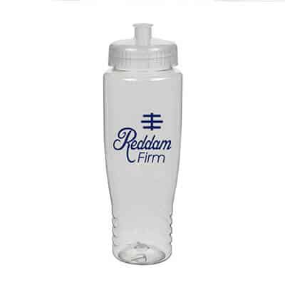 PET plastic clear water bottle with custom imprint and push pull lid in 27 ounces.