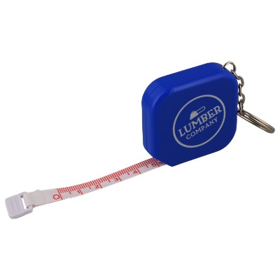 Plastic, metal and PVC blue vinyl tape measure keychain with custom logo.